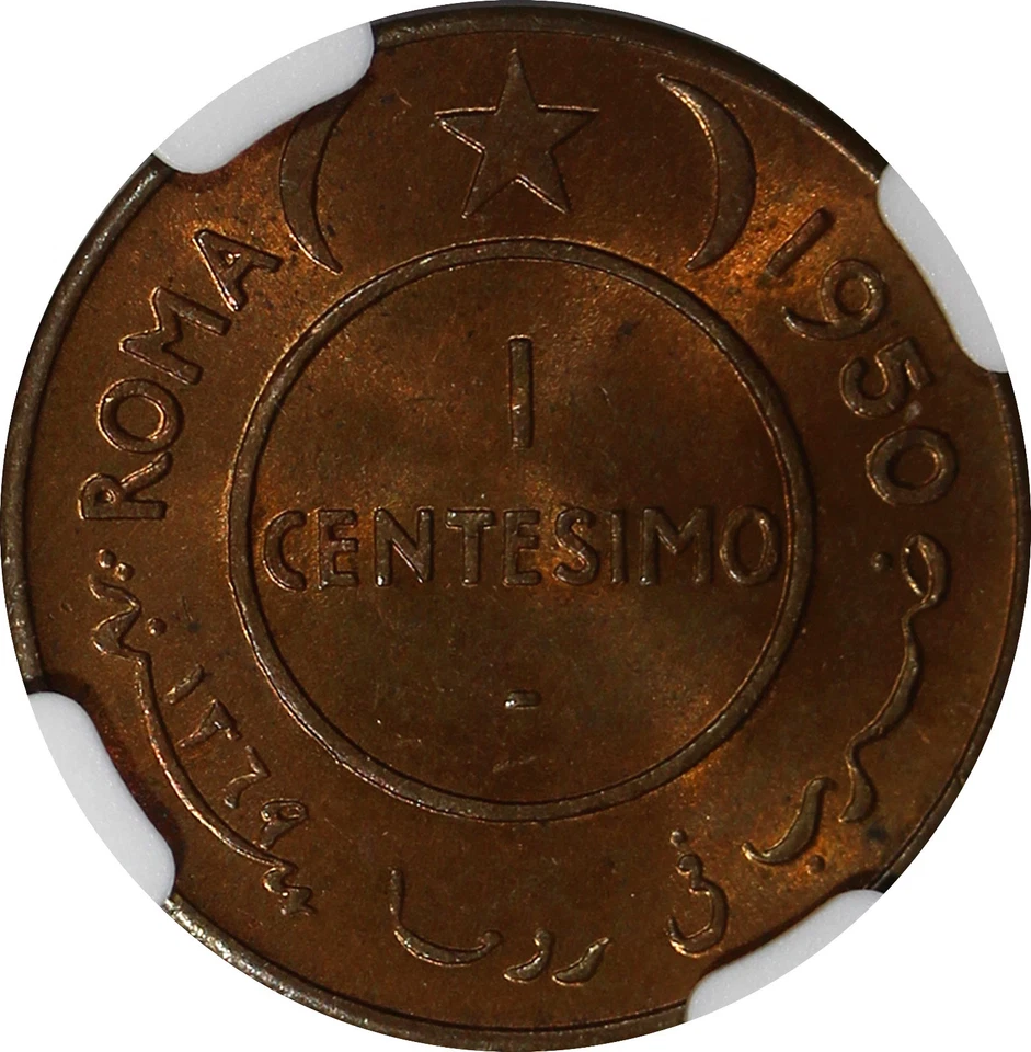 Somalia Copper AH1369   1950 1 Centesimo NGC MS63 RB African Elephant KM# 1 (8) - Image 4 of 4