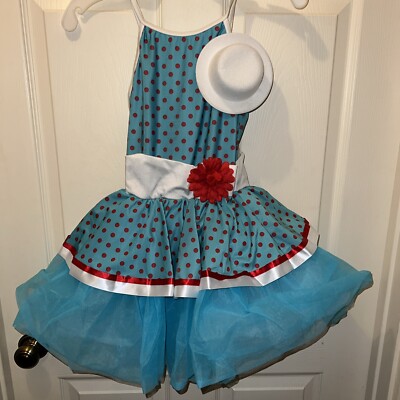 blue polka dot dress costume Curtin Call Dance Up Costume Childs Large Dippin Dots W/ Hat &Bag Size:0 - (US0-2) bridgerton clothing this dress is reminiscent girls birthday outfit tutu