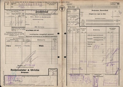 Frachtbrief 1937, Reidemeister & Ulrichs von BREMEN nach BENTHEIM 