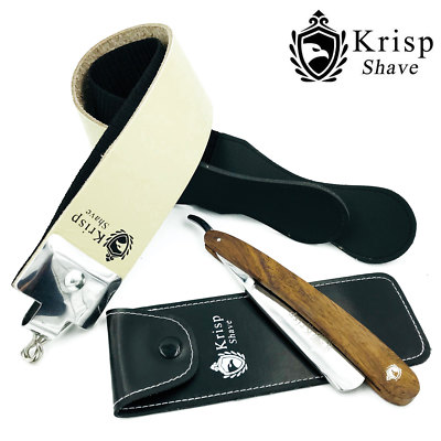 WOOD HANDLE CUT THROAT 3 PC MEN STRAIGHT RAZOR SHAVING SET LEATHER STROP + POUCH