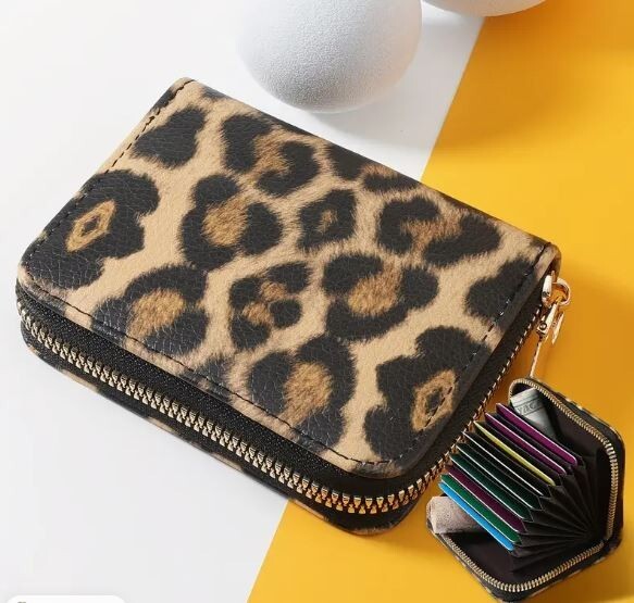 NEW WOMEN'S SMALL ZIP CREIDT CARD WALLET LEOPARD BLACK BROWN FILE
