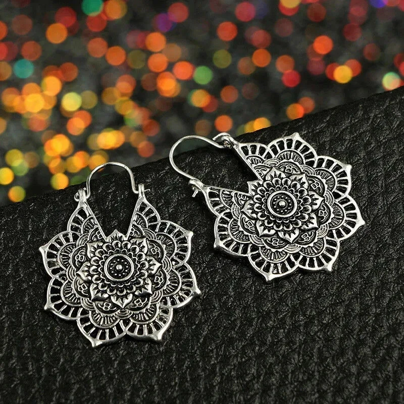 Pendientes Gancho Boho Chapados en Plata 925 Elegante Dije Estilo Vintage Tibetano Tibetano Foto 3 de 4