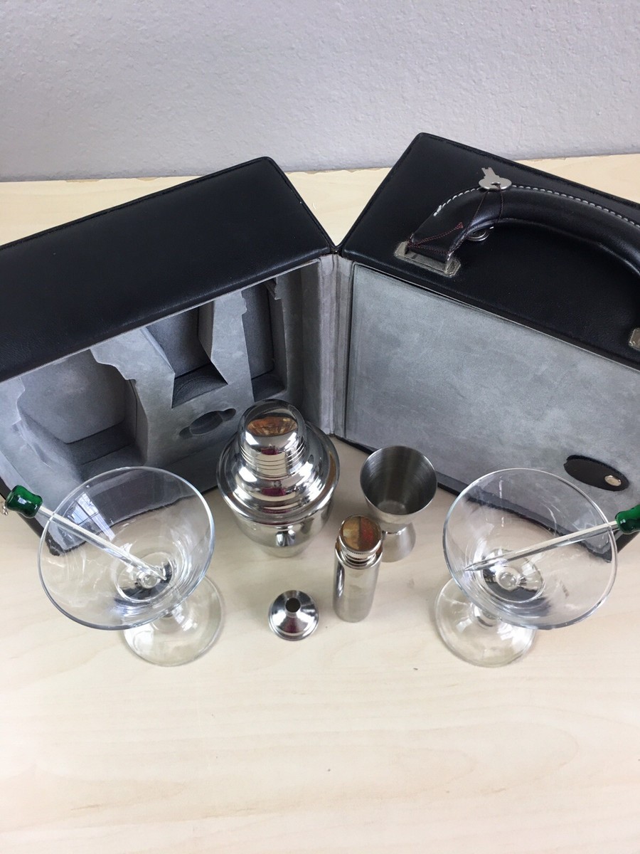 traveling cocktail/martini eight piece set in black leather case