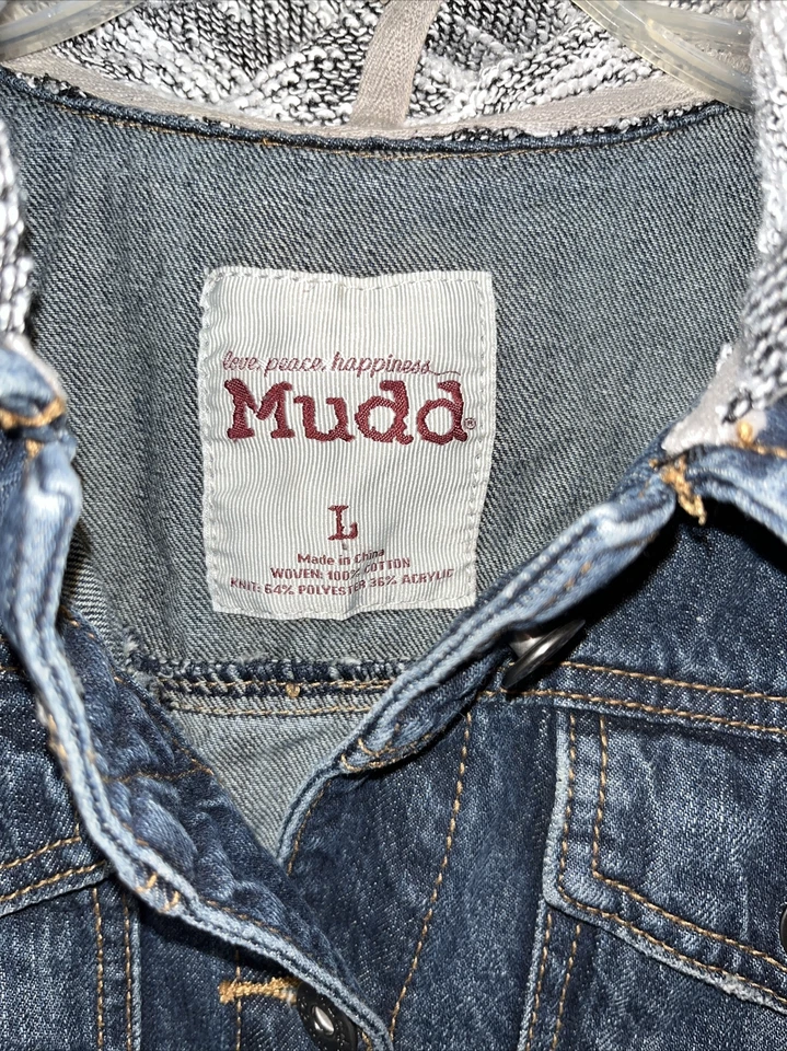 Chaqueta de Camionero Mudd Con Capucha Niñas Grande Azul Denim Delantero Gris Tejido Mangas Traseras Foto 2 de 4