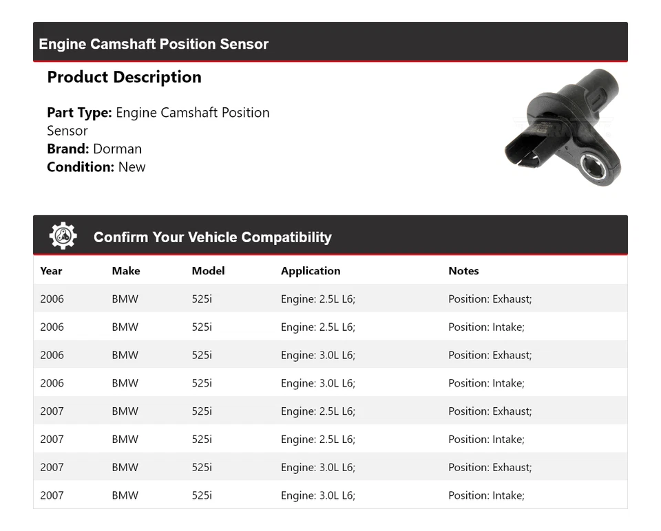 Sensor de posición del árbol de levas del motor Dorman para BMW 525i 2006-2007 Foto 2 de 4