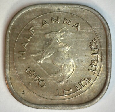 1950 B India-Republic 1/2 Anna Copper Nickel UNC Coin Asoka Lion Pedestal Zebu