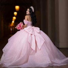 Pink Quinceanera Dress Ball Gown Lace Applique Beading With Bow Sweet 16