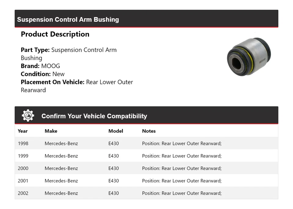 Buje de brazo de control de suspensión MOOG 1998 1999 para Mercedes-Benz E430 1998-2002 Foto 2 de 3