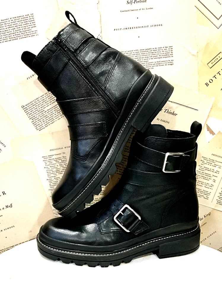 Anthropologie Bernardo Durban Bota de Moto Hebilla Cremallera Suela Cuero Negro 11 NUEVO Foto 2 de 4