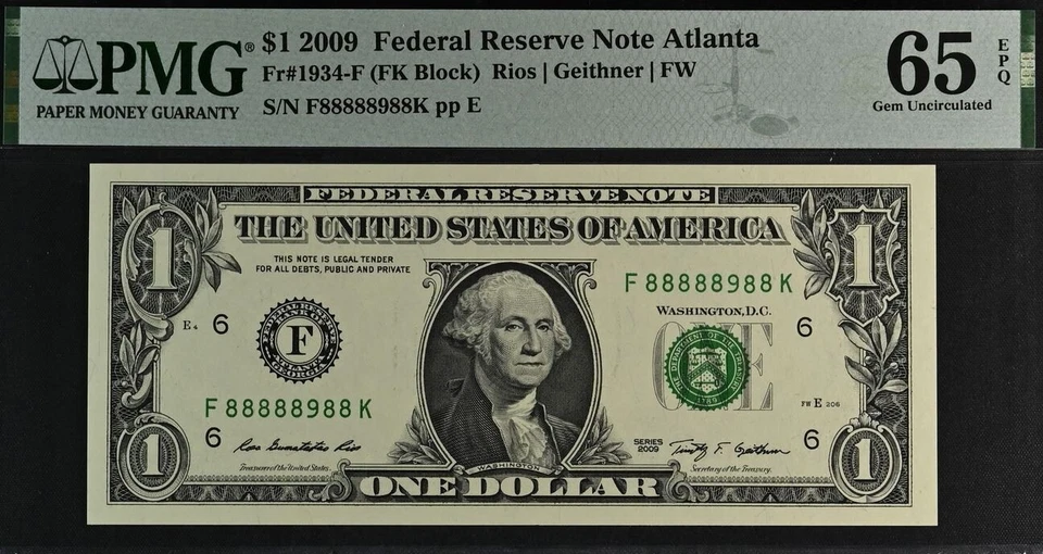 2009 $1 FRN Atlanta PMG 65EPQ Gem FK Block near solid serial number 88888988 - Image 2 of 3