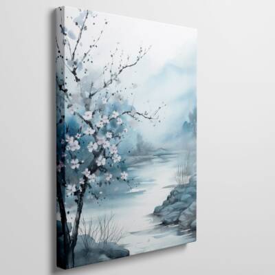 Cherry Blossom Serenity By The Tranquil River Wall Art Canvas Unframed Print Art