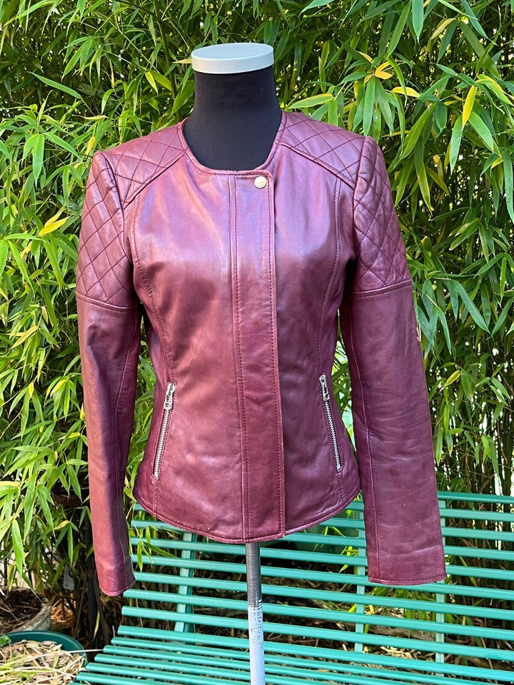Jigsaw Maroon Red Genuine Leather Biker Jacket Size UK 8 eBay