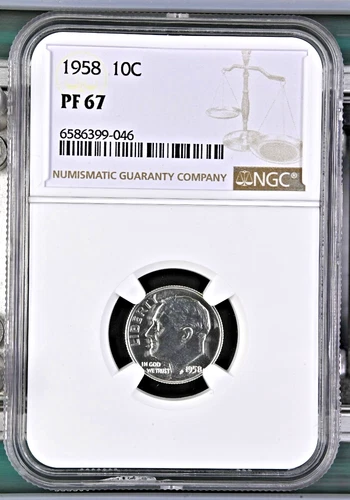 1958 Silver 10c Roosevelt Head Dime PF 67 NGC # 6586399-046 + Bonus