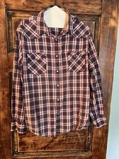 Men  s red plaid western shirt with pearl snap buttons