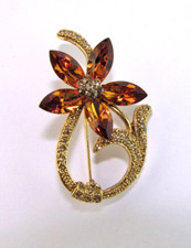 Vintage Rhinestone Brooch Gold Metal Amber Flower Petals