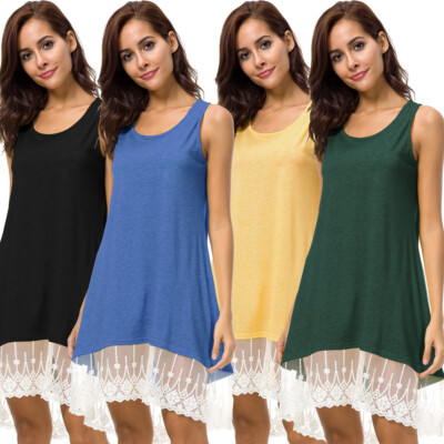 Women O-Neck Sleeveless Cotton LaceTank Dress Ladies Casual Loose Midi Sundress