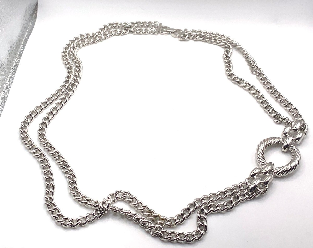 Vintage long double chain circle connected silver tone necklace 28