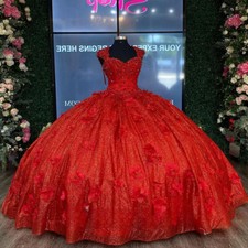 Glitter Red Quinceanera Dresses 3D Flowers Sweetheart Neck Backless Ball Gowns