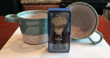 NEW 3pc White Squirrel Clayworks Shave Set Seafoam Pottery Bowls  Boar Brush