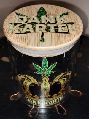 Dank Kartel Brand collectible round Glass Dispensary Storage Stash Jar wood lid