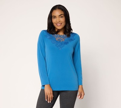 Susan Graver Liquid Knit Bracelet Sleeve Top w/ Crochet Lace Detail Captain Blue