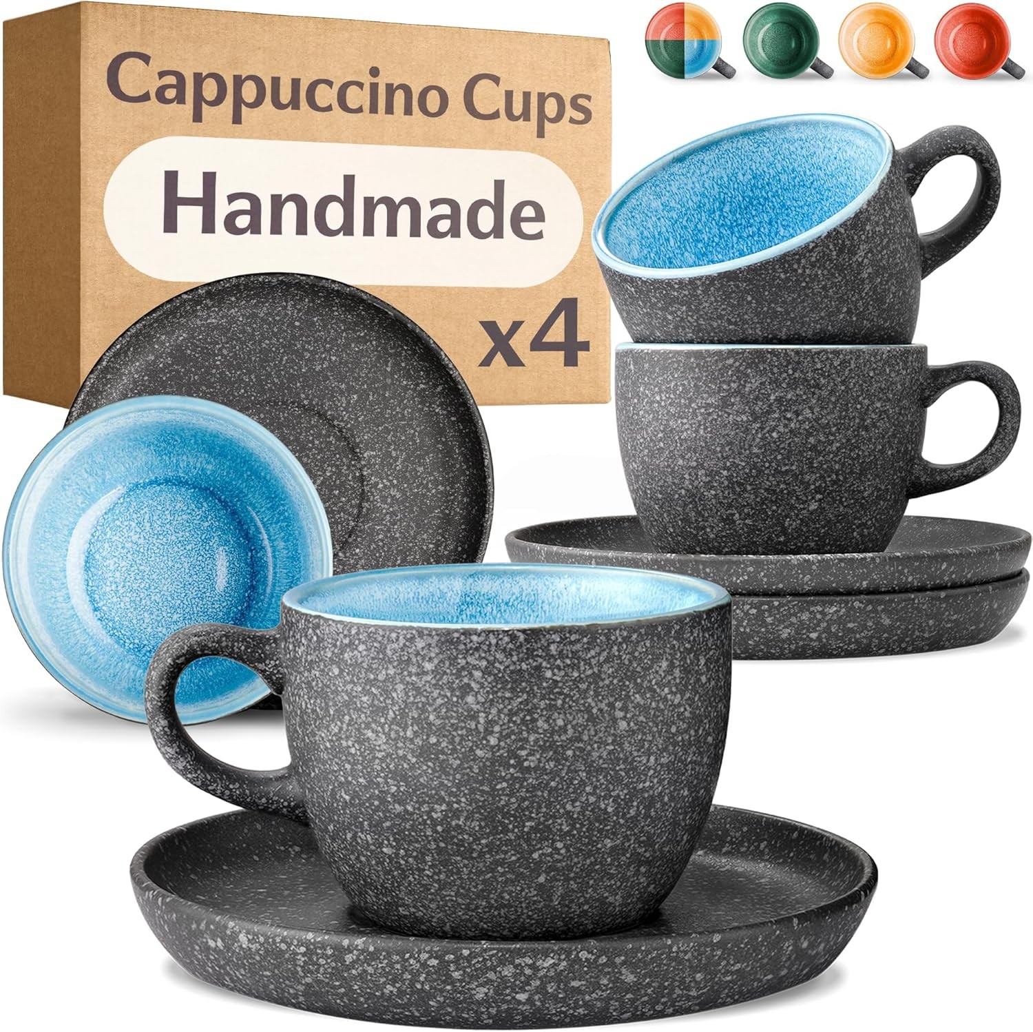 Cosumy Cappuccino Cups and Saucers Set of 4 – 200ml Ceramic Coffee Cups, 𝗘