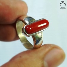 Natural Deep Red Coral Marjan Ring Elegant Gemstone 925 Silver Handmade Jewelry