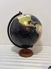 Antique Tabletop World Globe Black Ocean 12”x16” Vintage Great Shape Wood Base