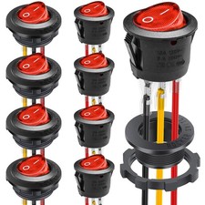 8 Pack Round Rocker Switch Red LED, 6A 125V, 10A 250V, 3 Shells, 24 Wires,On-Off