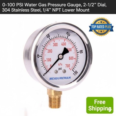 0-100 PSI Water Gas Pressure Gauge, 2-1/2   Dial, 304 Stainless Steel, 1/4   NPT