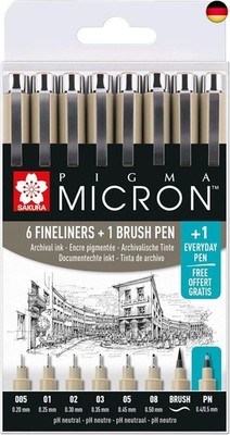 SAKURA Pigma Micron Fineliner Set - 6 Spitzenbreiten + Pinsel & PN-Stift