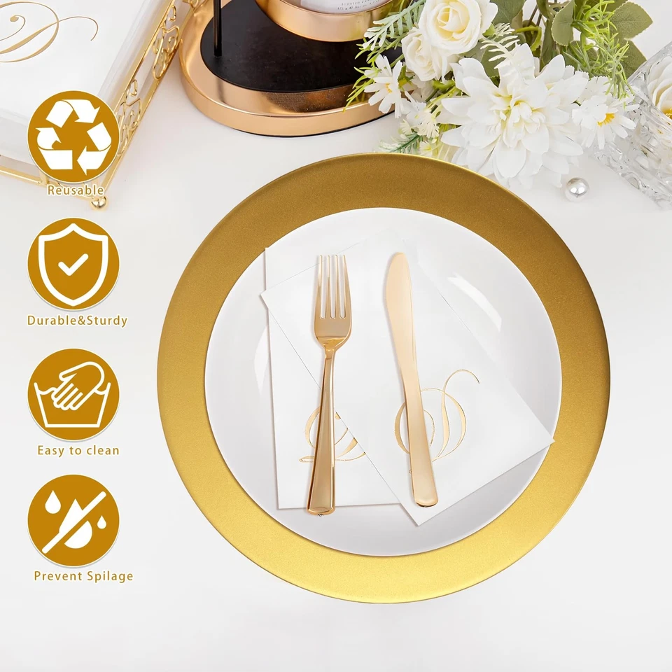 12 Pack Plastic Gold Charger Plates, 13 Inch Round Decorative Serving Dinner ... - Image 4 of 4