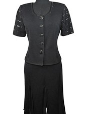 St John Evening Marie Gray Black Santana Knit Sequin Sleeve Godet Skirt Suit 6