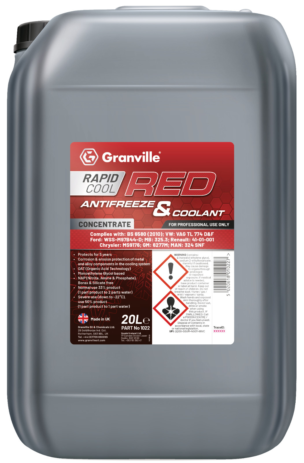 Granville Premium Red Anti Freeze Coolant 20 Litre 20L Concentrate 1022