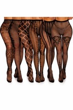 Women's Black Patterned Fishnet Tights 6 Pieces Geometric Floral Striped Sheer