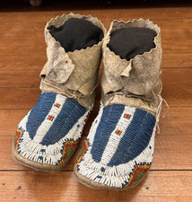 Antique Native American Beaded Lakota Moccasins 1890s High Top Sinew Sewn Moccs