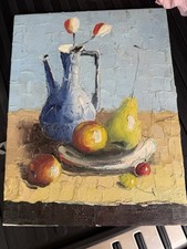 Original Vintage Signed Oil Impasto Painting Depicting Vase And Fruit