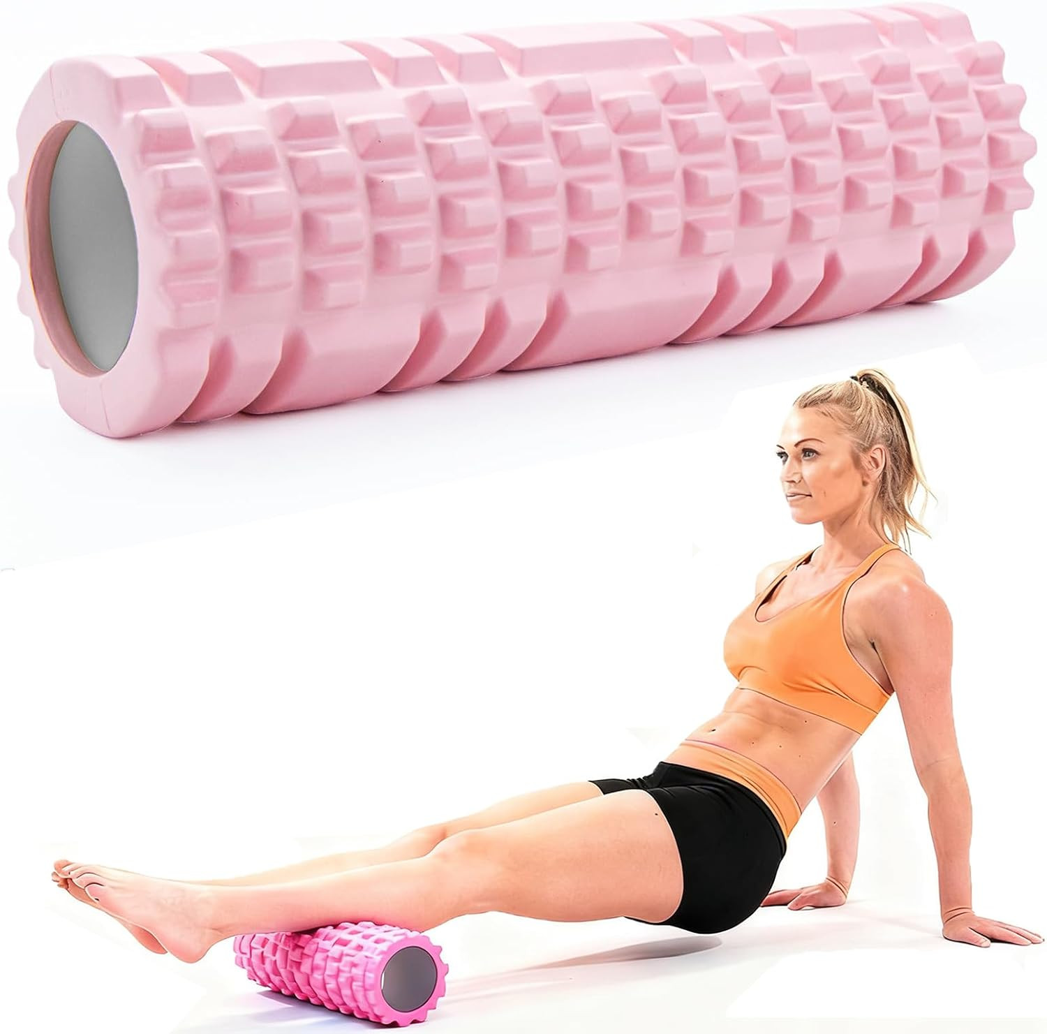 Pilatesrolle mit Yoga-Säule – Rosa Schaumstoff-Faszienrolle für optimale Muskelk
