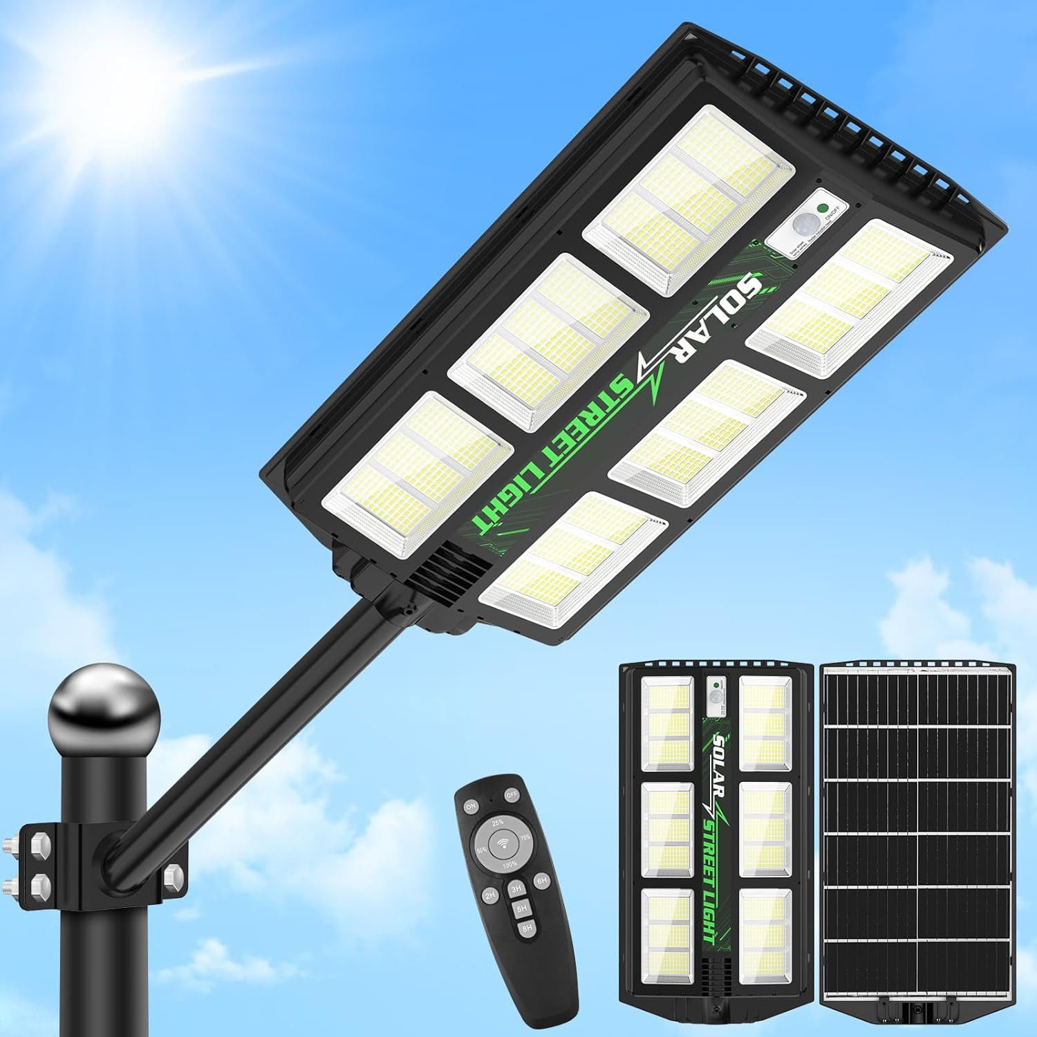 1200W LED Lampione Solare Con Telecomando, 6500K Lampione Con Sensore Di Movimen
