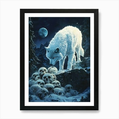 Weißer Wolf tritt über Totenköpfe 1 gerahmtes Wandbild Poster Leinwanddruck Bild