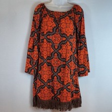 Lady's World Women's Bohemian Bell Sleeve Orange/Brown Mini Dress Size L
