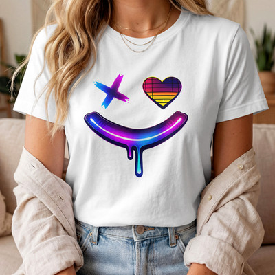 T Shirt Neon-Drip-Smile Rainbow Heart Face Unisex smiley - Heavy Cotton T-Shirt