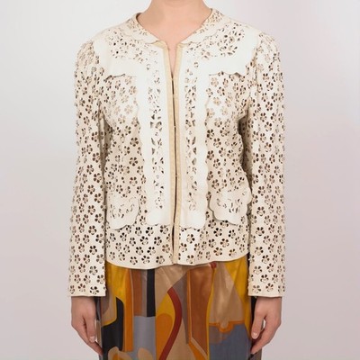 Roberto Cavalli 2009 Runway Floral Laser Cut Ivory Leather Jacket Size  IT 46