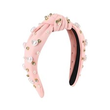 Love Heart Pearl Crystal Headbands for Women, Jeweled Top Knotted Fashion Pink