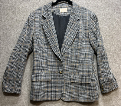 Vtg 90s Pendleton Women's Blazer Tan Black Plaid 100% Virgin Wool Size Large GUC