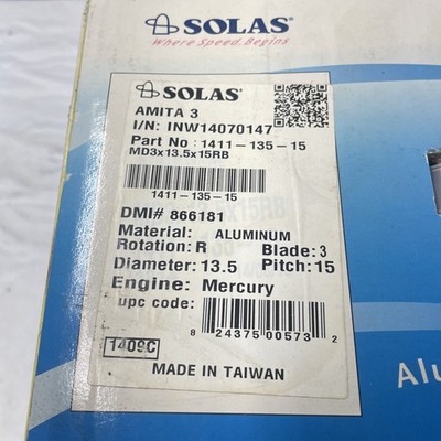 Solas Amita 3 AL Prop 13.5 x15p Mercury 1411-135-15 Brand New