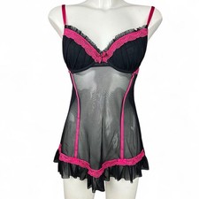 Y2k vintage pink and black mesh babydoll lingerie bra mini dress with lace