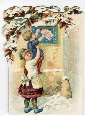 Glossy pictures wafers scraps litho children in winter Suchard 9.8 cm
