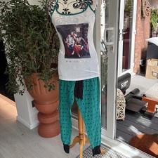 Image of Friends Loungewear Set Cami Cuffed Long Bottoms Size Small Green & White