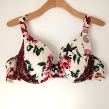 Cacique Lightly Lined Underwire T-shirt Bra Size 44B Burgundy Floral Print NEW
